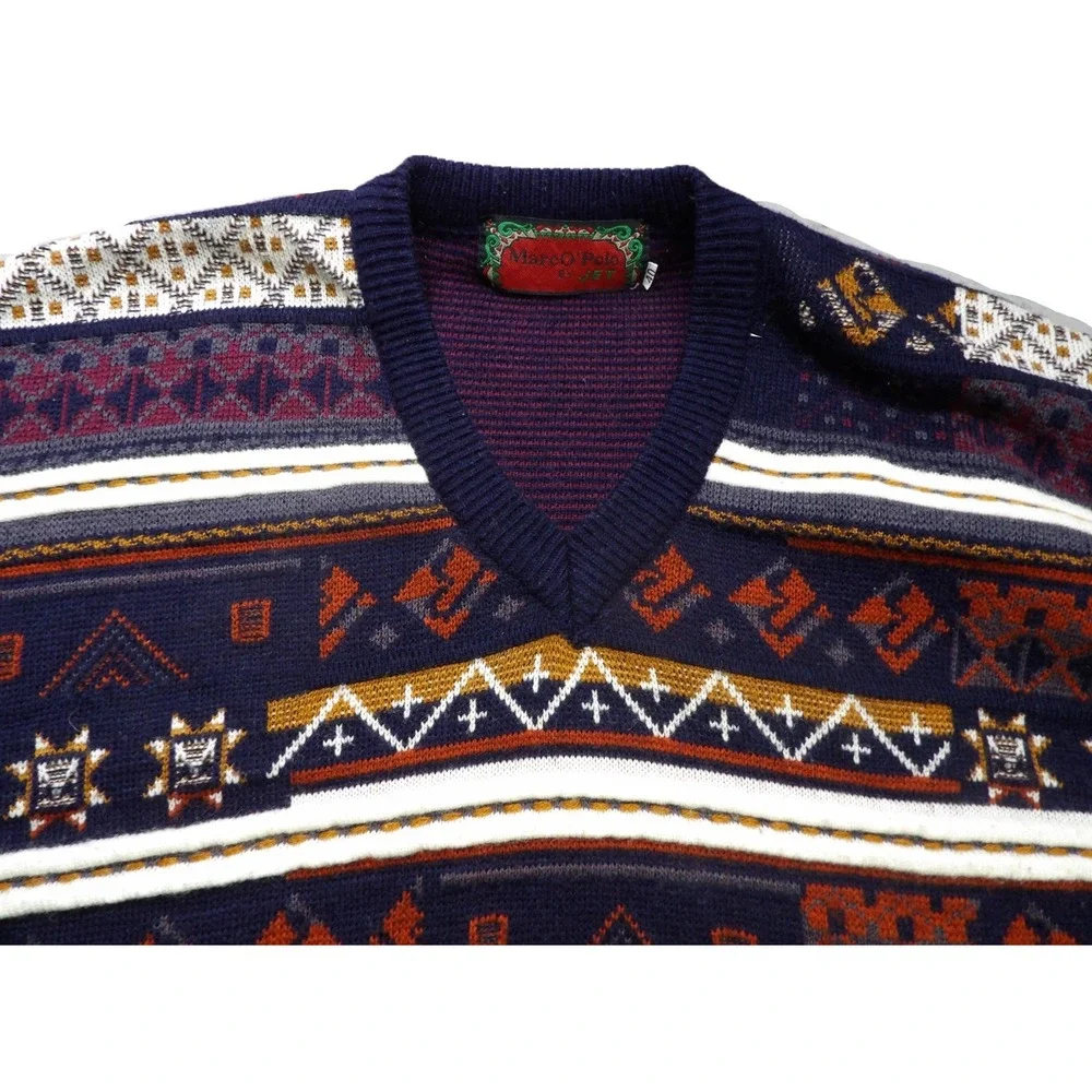 VTG Marc O'Polo 80s V-Neck Geometric Sweater Men 40 Navy Multicolored Wool Knit